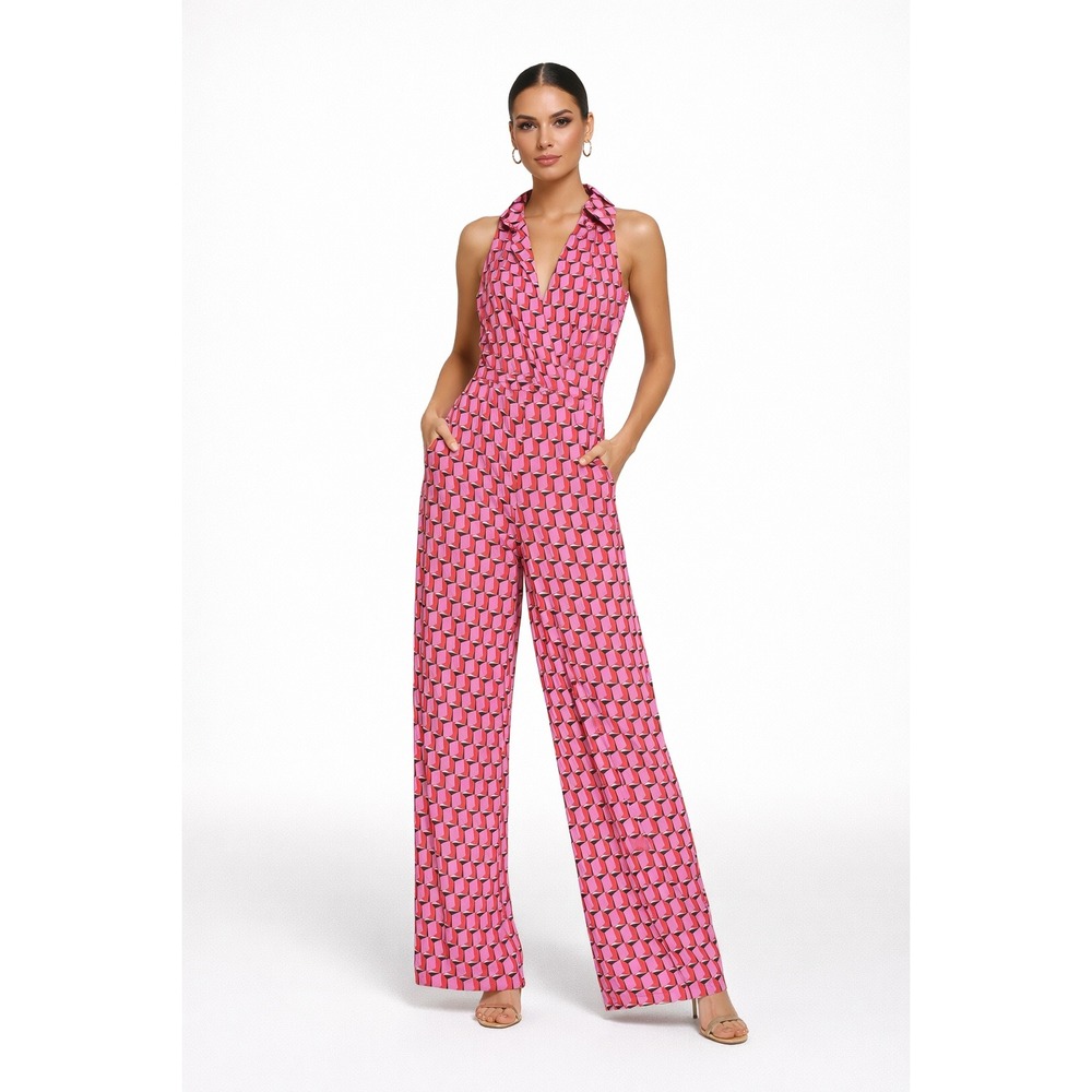 Diane Von Furstenberg Pink Geometric Halter Wide-Leg Jumpsuit